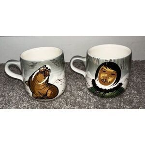 2 PC Sasha Brastoff Mid Century Vintage Hand Painted Designer Signed Inuit Mugs